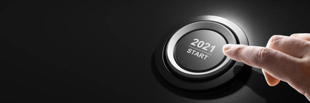 2021 - нажмите кнопку "пуск". концепция нового года. 3d иллюстрация - year 2002 стоковые фото и изображения