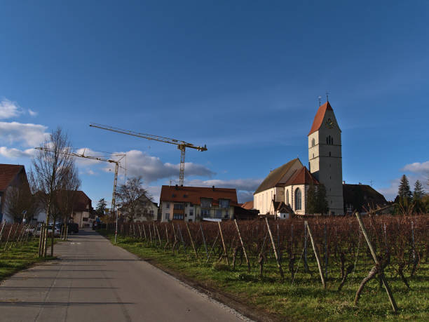 hermosa vista del pueblo hagnau, lago constanza con la iglesia católica san johann bautista, carretera y viñedos desnudos en frente en el día soleado en la temporada de invierno. - hagnau fotografías e imágenes de stock