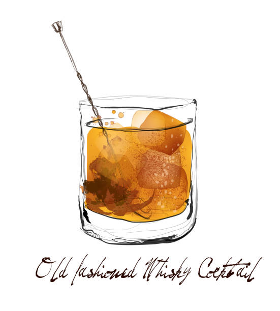 altmodischer whisky-cocktail im aquarell-stil - cocktail stock-grafiken, -clipart, -cartoons und -symbole