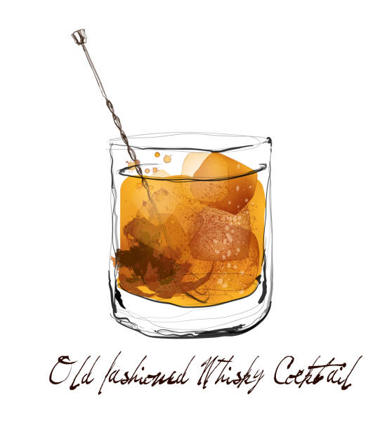 illustrations, cliparts, dessins animés et icônes de cocktail démodé de whisky dans le modèle d’aquarelle - cocktail alcool