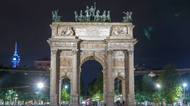 istock Arch of Peace in Simplon Square timelapse at night. It is a neoclassical triumph arch 1293440854