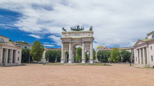 istock Arch of Peace in Simplon Square timelapse . It is a neoclassical triumph arch 1293440888