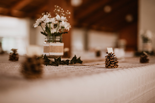 Decorated table with natural decorations and white tablecloth. Decoration consists of jar with fresh meadow flowers,cones with empty paper labels. Image with shallow depth of field-focused on cone.