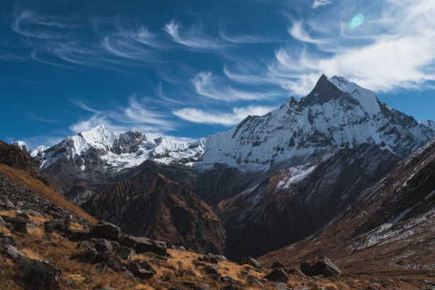 Landscape view from Annapurna Base Camp. Trekking in Nepal. Annapurna base camp trek offers splendid views of Mt Annapurna and its neighbouring peaks like Mt Machhapuchhare, Annapurna III, Annapurna South and Himchuli. base camp stock pictures, royalty-free photos & images