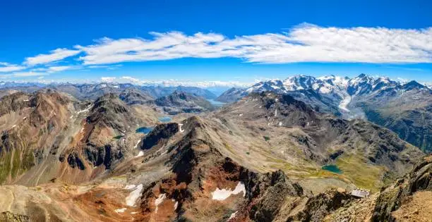 Mountain panorama in the engadin from Piz Languard. View of the large Morteratsch glacier, Piz Bernina and many mountain lakes,  gigantic view