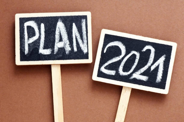 istock Plan 2021 text on small chalk boards and brown background. 1293444929