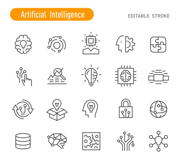 künstliche intelligenz icons - linienserie - editable stroke - symbol computer icon digital display sign stock-grafiken, -clipart, -cartoons und -symbole