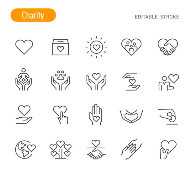 ilustraciones, imágenes clip art, dibujos animados e iconos de stock de iconos de caridad - serie de líneas - trazo editable - corazon