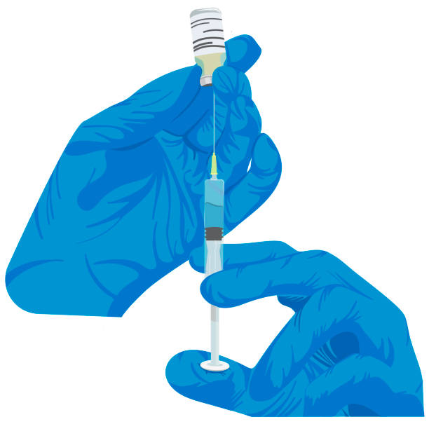 ilustrações, clipart, desenhos animados e ícones de mãos em luvas azuis segurar uma seringa e injetar a vacina nele - injeção insulina luva