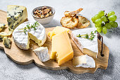 Assorted cheeses on a wooden cutting Board. Camembert, brie, Parmesan and blue cheese with grapes and walnuts. White background. Top view