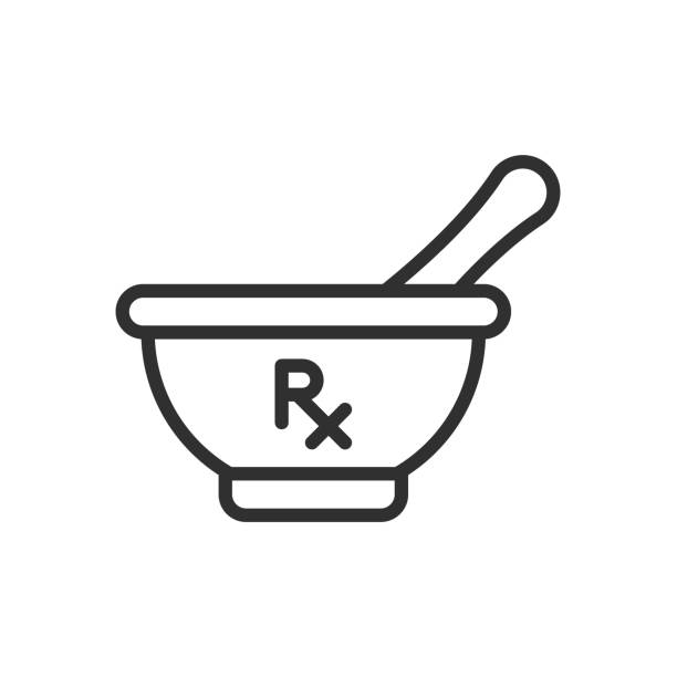 ilustrações de stock, clip art, desenhos animados e ícones de mortar and pestle with an rx symbol, isolated outline icon - grinding