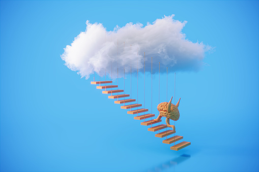 A symbolic abstract brain climbing up the stairs
rising to the clouds, symbolizing success, career growth, innovation concepts. (3d render)