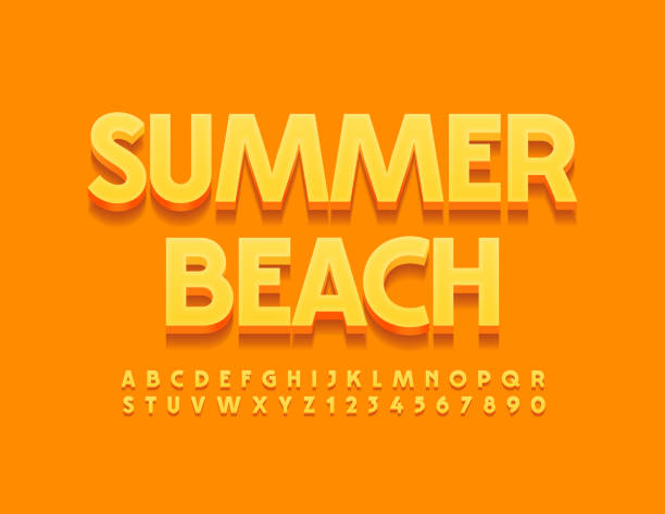 ilustrações de stock, clip art, desenhos animados e ícones de vector hot poster summer beach. yellow bright alphabet letters and numbers set - warm up beach
