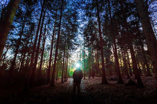 Wide angle color image depicting a mysterious, spooky man wearing a headlamp in a dark moody forest.