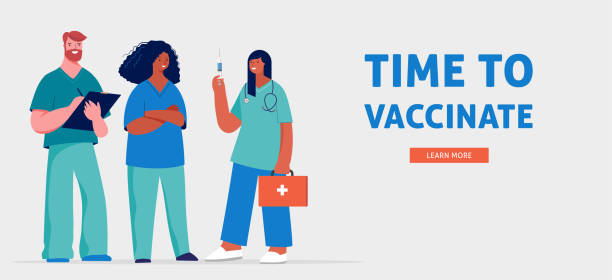 Time to vaccinate concept design -with a group of medical professionals Time to vaccinate concept design -with a group of doctors and nurses. Vector illustration senior getting flu shot stock illustrations