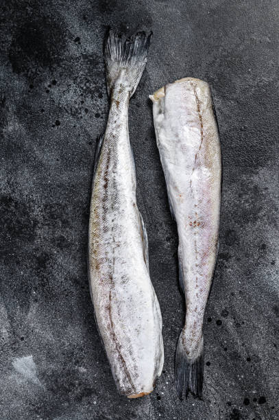 istock Raw Pollock fish ready to cook. Black background. Top view 1293453984