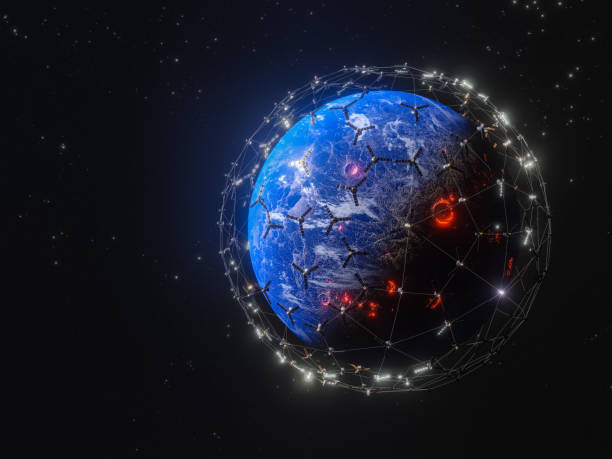 istock Satellites around unknown Planets Beyond Our Solar System under surveillance and research. Beautiful abstract illustration, planet in space and shining stars. Unknown planets with active volcanoes. stock photo 1293454134