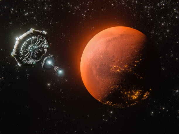 istock Satellites around unknown Planets Beyond Our Solar System under surveillance and research. Beautiful abstract illustration, planet in space and shining stars. Unknown planets with active volcanoes. stock photo 1293454297