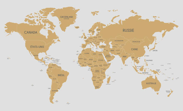 политическая иллюстрация векторной карты мира с названиями стран на французском языке. редактируемые и четко обозначенные слои. - globe politics topography world map stock illustrations