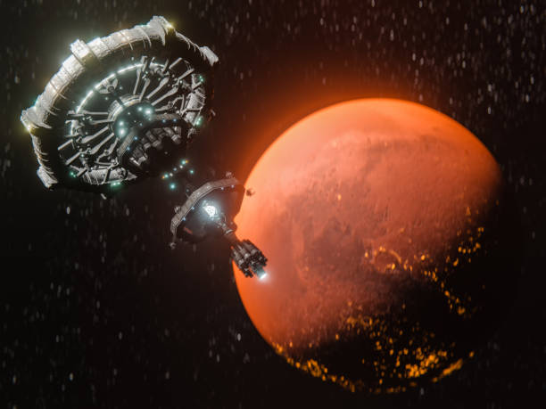 istock Satellites around unknown Planets Beyond Our Solar System under surveillance and research. Beautiful abstract illustration, planet in space and shining stars. Unknown planets with active volcanoes. stock photo 1293454803