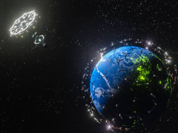 istock Satellites around unknown Planets Beyond Our Solar System under surveillance and research. Beautiful abstract illustration, planet in space and shining stars. Unknown planets with active volcanoes. stock photo 1293454976