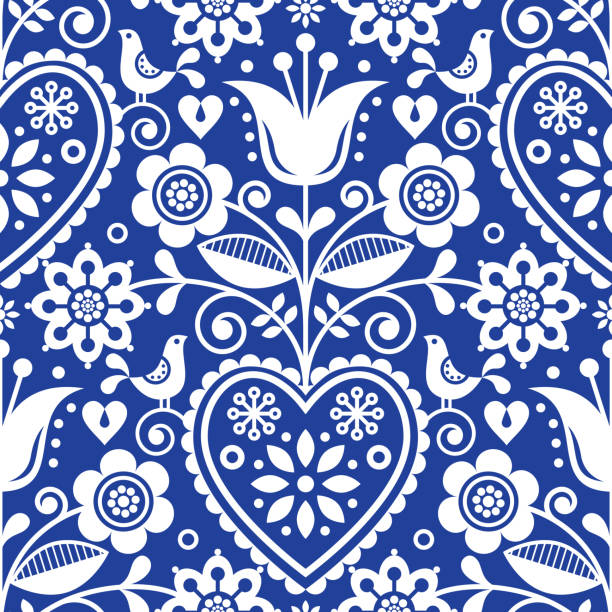 illustrations, cliparts, dessins animés et icônes de modèle de vecteur d’art folklorique sans couture avec des oiseaux et des fleurs, conception florale scandinave ou nordique dans le blanc sur le fond bleu marine - double tulip