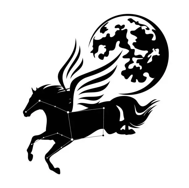 Vector illustration of winged pegasus horse star constellation and full moon black and white vector design