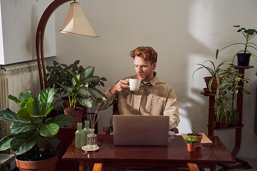 Handsome businessman with red hair drinking coffee and sitting at table in front of open laptop