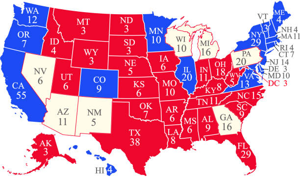 USA 2020 presidential election map with swing states United States of America 2020 presidential election map with electoral college votes by state and swing states. 270 electoral college votes are required to win the presidency. The map is accurately prepared by a map expert. The reference for the number of electoral college votes by state can be found at https://www.archives.gov/electoral-college/allocation swinging stock illustrations
