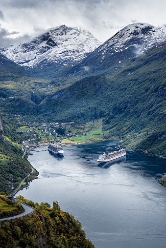 two large cruise ships liner in Geiranger fjord in Norway