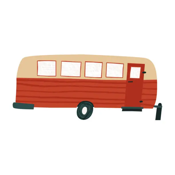 Vector illustration of Retro rv trailer isolated on white background. Fun hand drawn motor home in profile.