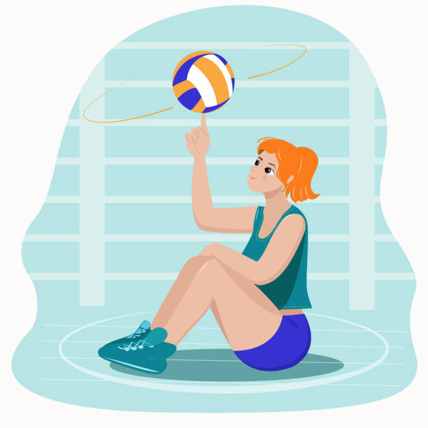 ilustraciones, imágenes clip art, dibujos animados e iconos de stock de chica voleibolista sentada en el pasillo con una pelota - volleyball volleying women female