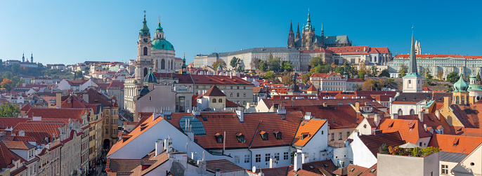 Prague - The roofs of Mala Strana with the St. Nicholas church, and the Cathedral.