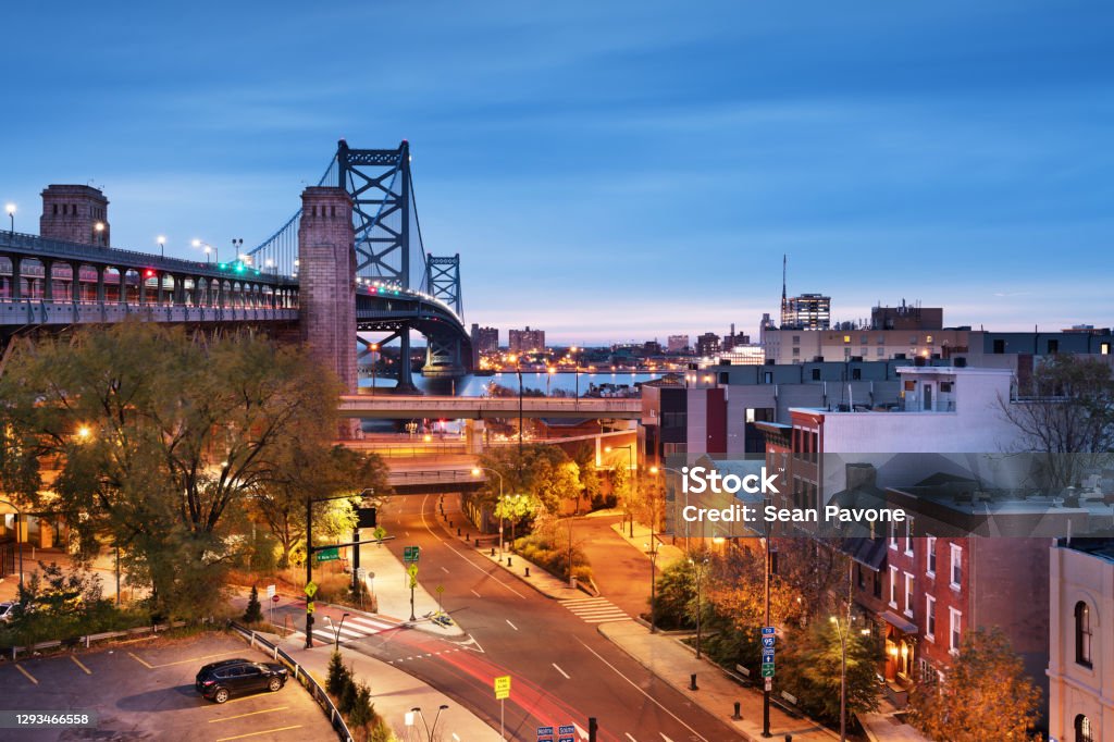 Philadelphia, Pennsylvania, USA at Benjamin Franklin Bridge Philadelphia, Pennsylvania, USA at Benjamin Franklin Bridge spanning the Delaware River towards Camden, New Jersey. New Jersey Stock Photo