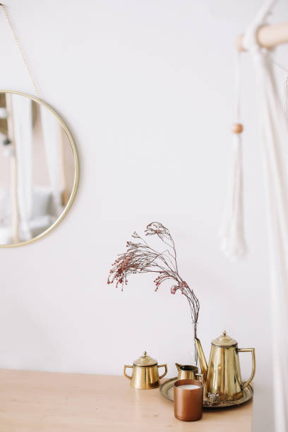 istock Modern home decor. Creative workspace. Home interior with decor element. Scandinavian minimal interior. Interior design elements. Flat lay, top view 1293467777