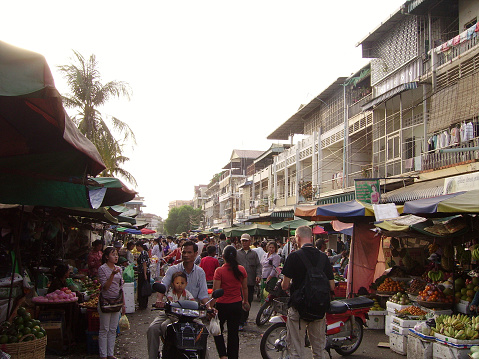 Crowd at the Russian Market, a busy indoor and outdoor market in Phnom Penh, the capital of Cambodia