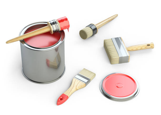 istock Opened cans of colored paint with new repair brushes. 1293469101