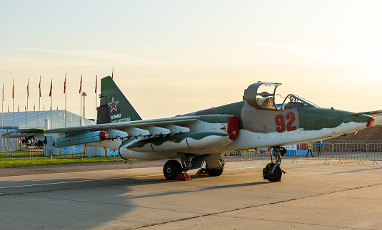 August 30, 2019, Moscow region, Russia. Russian Sukhoi Su-25 attack aircraft at the International aviation and space salon.
