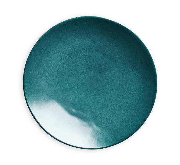 istock Blue ceramic plate, Empty plate with marble texture, isolated on white background with clipping path, Top view 1293470938