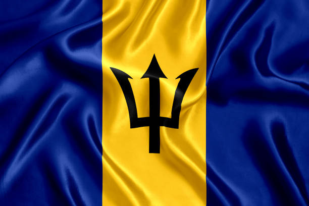 Flag of Barbados silk Flag of Barbados. barbados map stock pictures, royalty-free photos & images