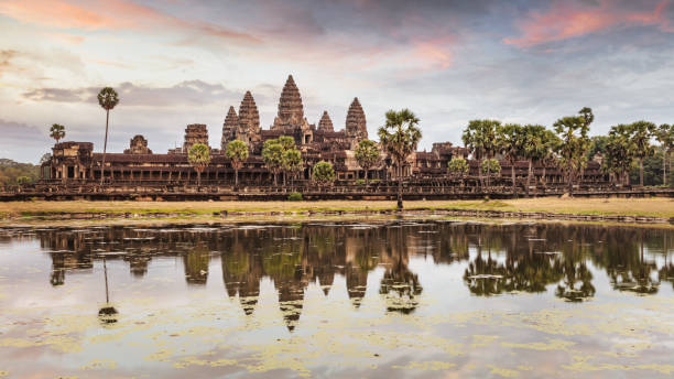 Cambodia Angkor Wat Sunrise Twilight Panorama Siem Reap Sunrise Panorama of famous North Angkor Wat Pagoda - Angkor Wat Temple Complex in Early Morning Twilight under beautiful colorful Dawn Skyscape. Angkor Wat, Siem Reap, Cambodia, Southeast Asia, Asia. angkor stock pictures, royalty-free photos & images