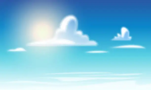 Vector illustration of Atmospheric lighting, blue sky, white clouds and sun. Cartoon style.