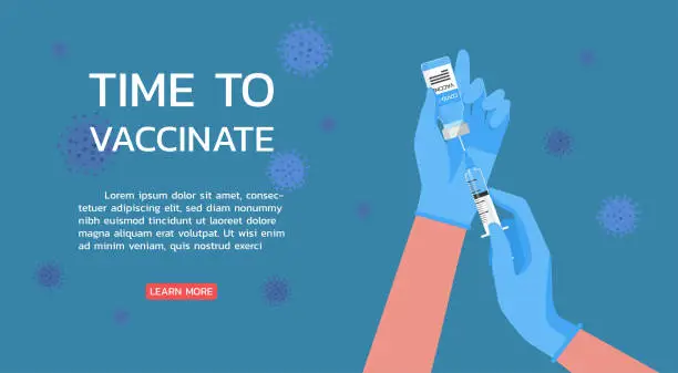Vector illustration of time to vaccinate concept, doctor hands wearing rubber glove with syringe and ampoules vaccine