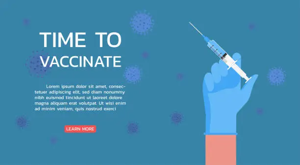 Vector illustration of time to vaccinate web banner concept, doctor hands wearing rubber glove with syringe