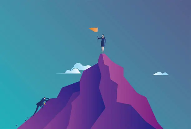 Vector illustration of Female white-collar worker climbs to the top of the mountain
