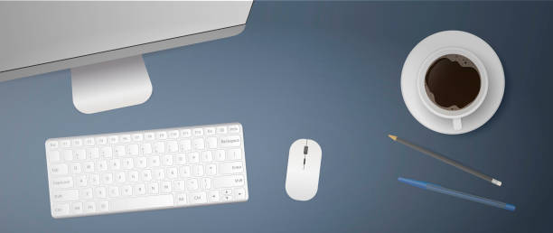 istock Flat lay of office workplace. Desktop top. Computer monitor, keyboard, computer mouse, cup of coffee, pen, pencil. Realistic vector illustration. 1293480091