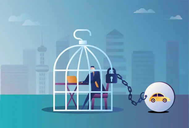 Vector illustration of The business man in the cage works hard for the car loan