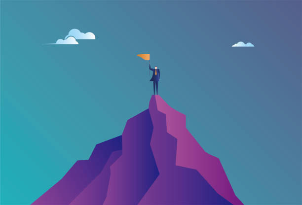 Business man climbed to the top of the mountain and completed the goal Business man climbed to the top of the mountain and completed the goal man mountain climbing stock illustrations