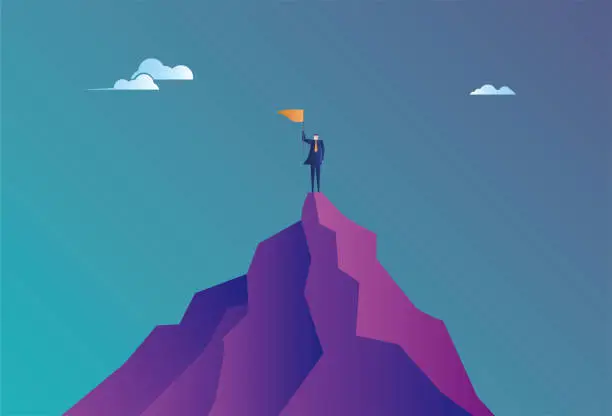 Vector illustration of Business man climbed to the top of the mountain and completed the goal