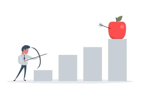 Vector illustration of A businessman hit by an arrow in an apple. Shooting from a bow and arrow, this is a sign of progress in increasing business sales. Growing business concept